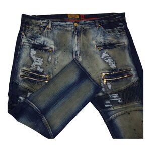Makobi Mens Distressed Jeans 48X32 Dark Wash Cotton Blend Stretch Zipper Accents